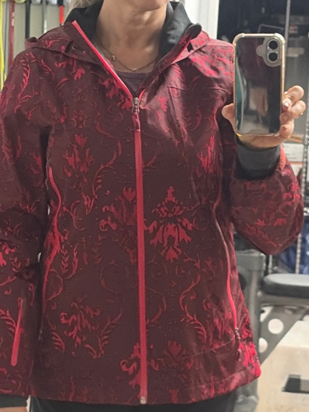 Athleta S Burgundy Red Damask Baroque Print Ski Snow Jacket Hooded Fleece Lined